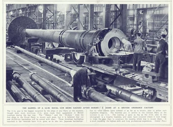Løpet til en 16-tommers marinepistol blir målt etter kjedelig, fra The Illustrated War News, publisert 8. november 1939